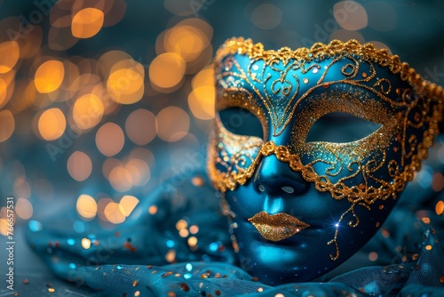 World theater day. Dark still life with theatrical elements, closeup of blue and gold carnival mask, a stunning art piece and fashion accessory on display at an event