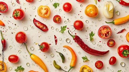 chili vegetables texture pattern, with water drops, top view, flat lay. food photography background