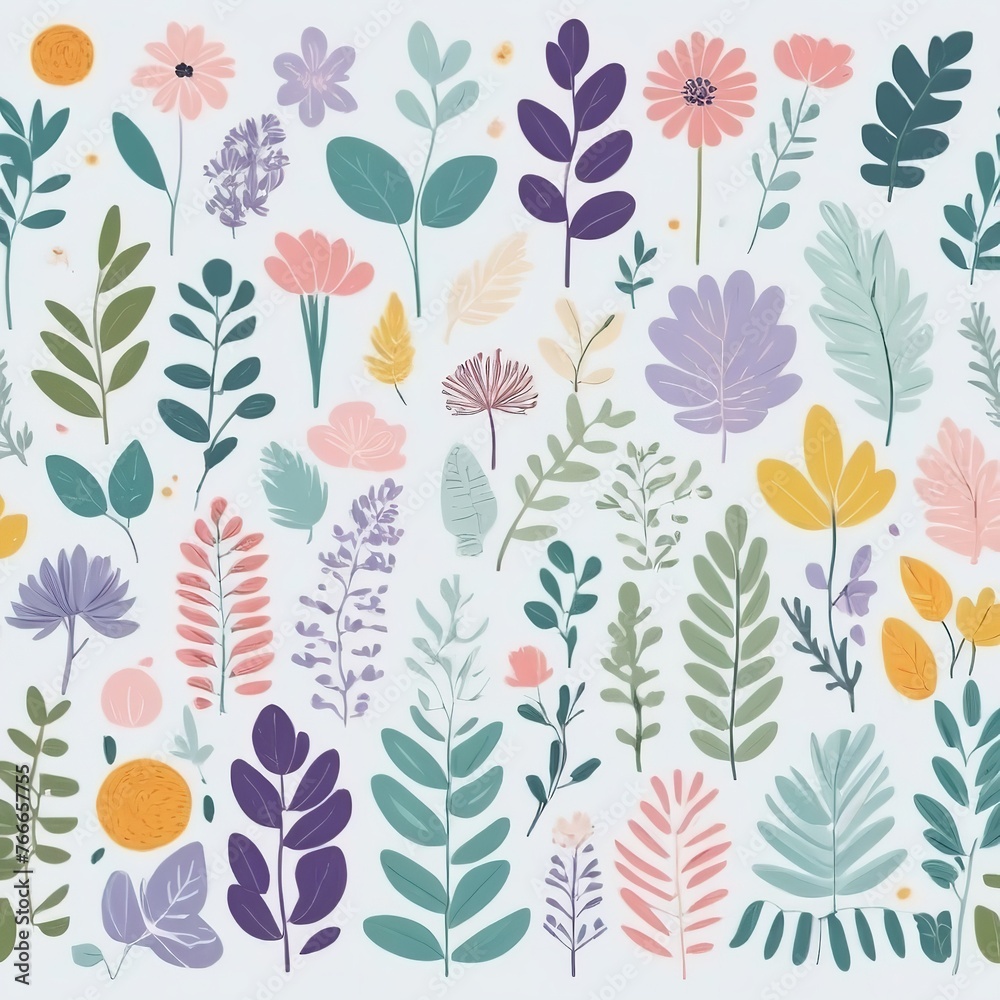 A collection of seamless pattern, colorful abstract plants and flowers. Hand drawn Collection of leaves and flowers. A close up of a pattern of flowers and leaves.
A collection of seamless pattern, colorful abstract plants and flowers. Hand drawn Collection of leaves and flowers. A close up of a pattern of flowers and leaves.