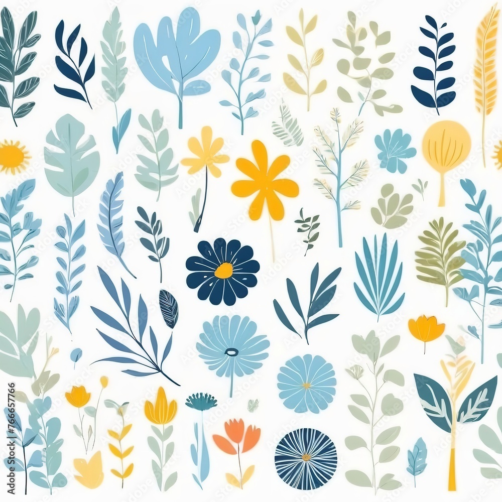 A collection of seamless pattern, colorful abstract plants and flowers. Hand drawn Collection of leaves and flowers. A close up of a pattern of flowers and leaves.

