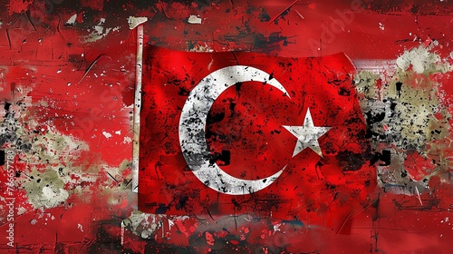 A flag of Turkey painted on a grunge wall with red and white colors. The flag has a crescent moon and a star on it.