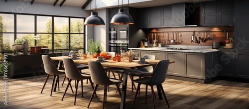 Modern kitchen concept with dark gray furniture and shiny old wooden floor photo