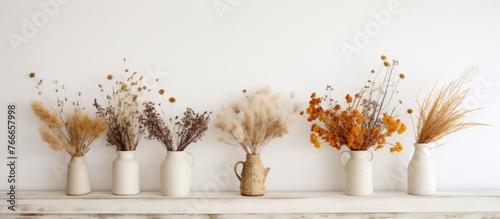 There are five vases with dried flowers displayed on a shelf