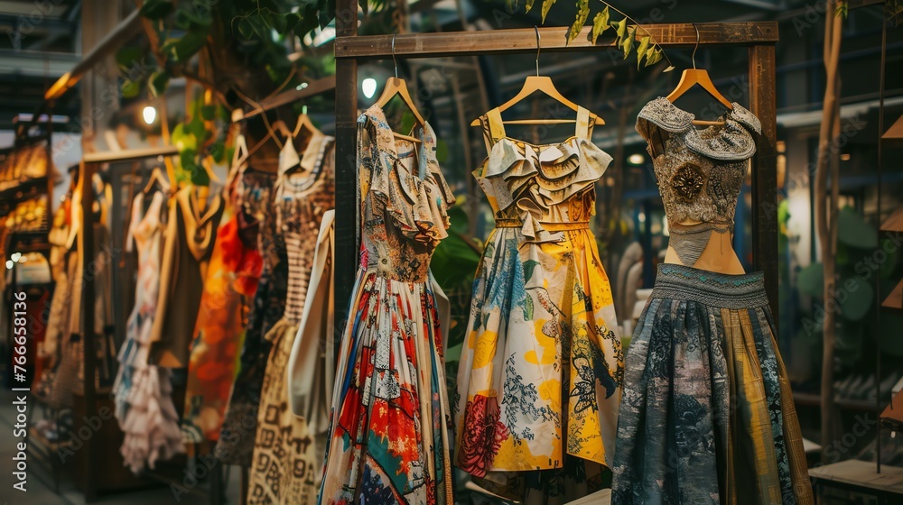 A clothing rack with a variety of colorful dresses hanging on it. The dresses are made from different materials and have different patterns.