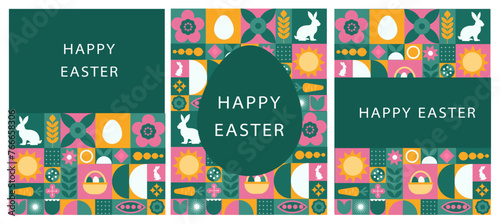 Happy easter spring rabbit folk mosaic card set. EPS 10. Bauhaus style