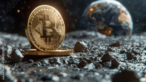 Bitcoin on the lunar surface, Earth and space in the background. Bitcoin dominance in global finance. Crypto to the Moon. photo