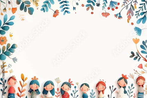 Flowers and cartoon girls frame the greeting card. Generative AI.