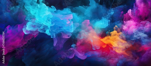 Vibrant smoke swirling in a unique formation against a bright blue sky, creating a mesmerizing colorful cloud