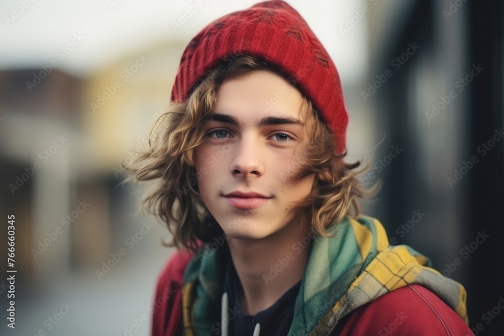Portrait of a handsome young man in a red hat on the street Portrait of a handsome young man in a red hat on the street