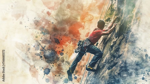 a young man with a rope doing rock climbing. watercolor painting illustration.