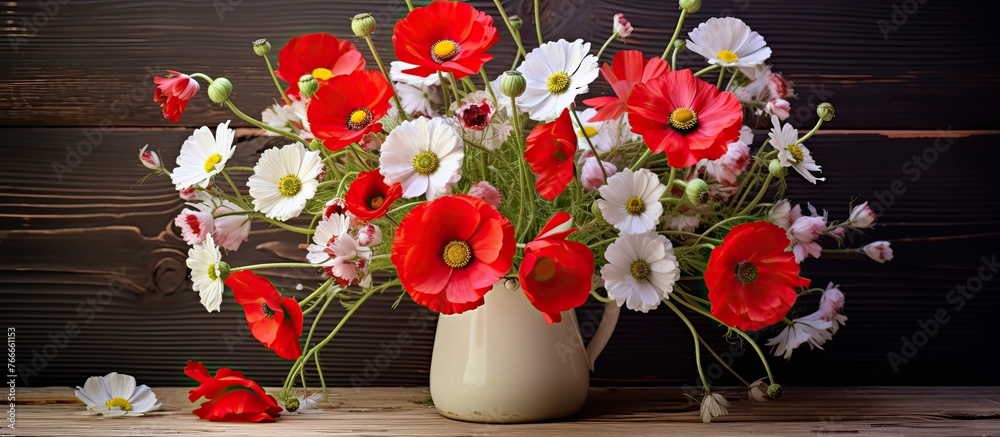 A clear glass vase holds a vibrant arrangement of red and white flowers, adding a pop of color to the room