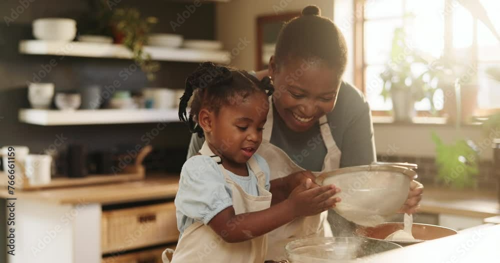 Mommy, daughter and flour for baking in kitchen, education and learning for child development. Black family, home and love for pastry or cake and dessert, cooking and happy while bonding on weekend