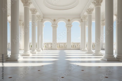 White colonnade with columns on the background of the sea. 3d rendering photo
