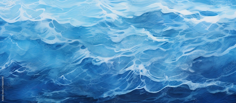 Blue ocean portrayed in a painted artwork featuring rolling waves in shades of blue and white