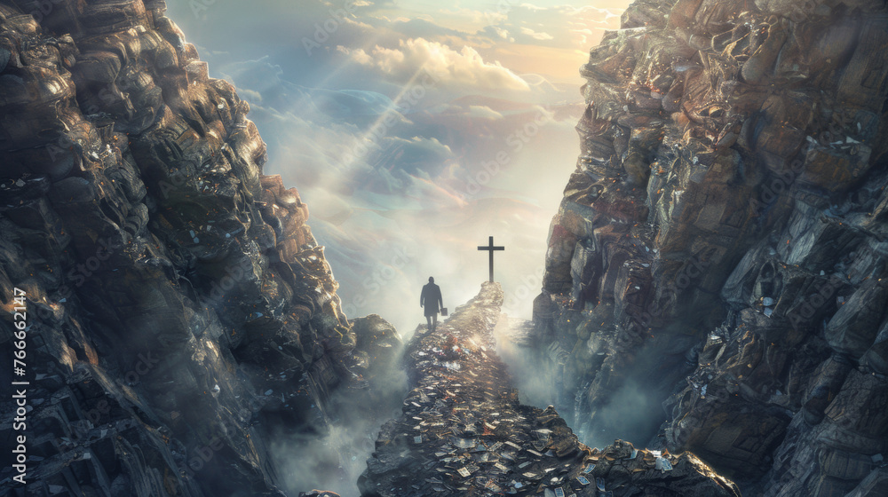 Lone man crosses a narrow path towards the Cross leaving money behind. Spiritual fulfillment and Christian Easter concept. - obrazy, fototapety, plakaty 