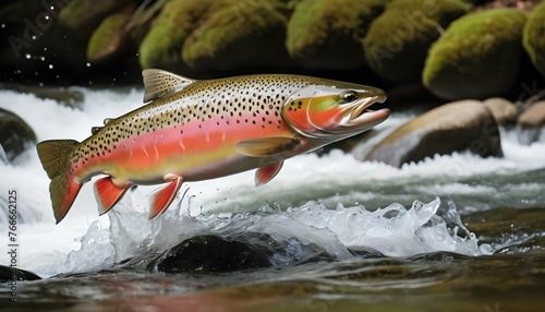A Determined Trout Leaping Upstream To Spawn