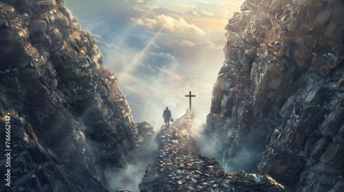 Lone man crosses a narrow path towards the Cross leaving money behind. Spiritual fulfillment and Christian Easter concept. photo