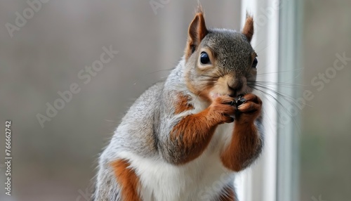 A Squirrel With Its Nose Pressed Against A Window