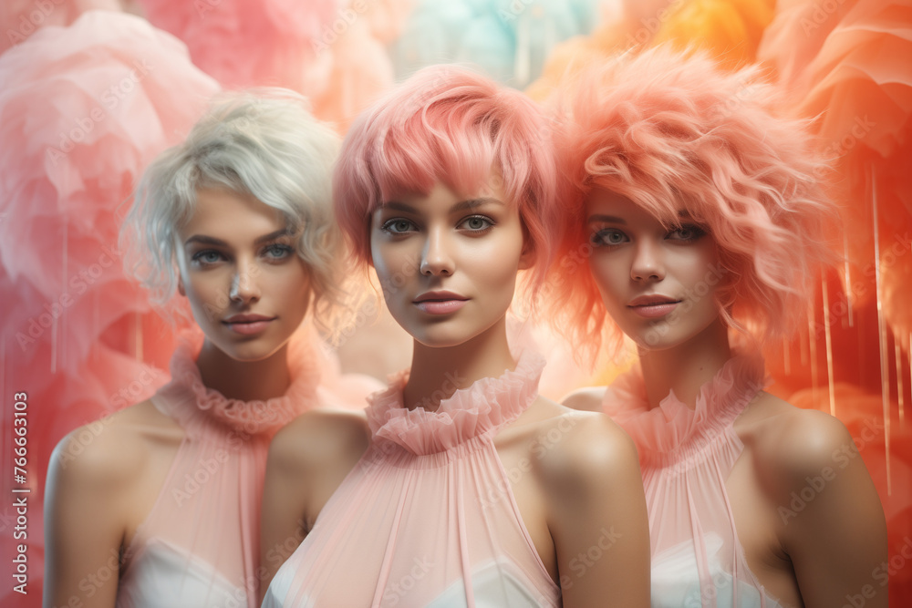 Three female models with pastel pink and peach wavy hair posing, surrounded by soft colorful textures in a dreamy setting. 