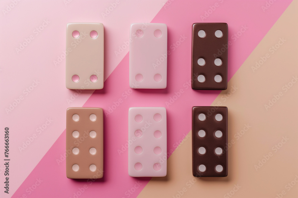 Flat lay of domino-shaped chocolates in white, milk, and dark variations, artistically arranged on a double-shaded background. Flat lay of domino-shaped chocolates in white, milk, and dark variations, artistically arranged on a double-shaded background.