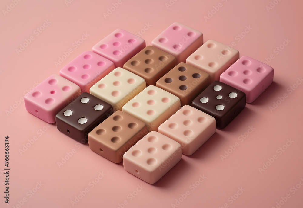 An aesthetically pleasing arrangement of domino pieces with various shades of pink and brown against a pastel pink background. An aesthetically pleasing arrangement of domino pieces with various shades of pink and brown against a pastel pink background.