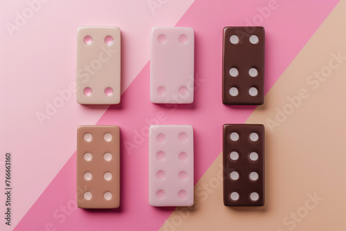 Flat lay of domino-shaped chocolates in white  milk  and dark variations  artistically arranged on a double-shaded background.