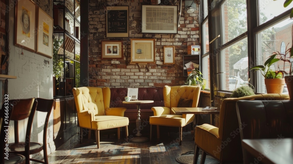 Coffee Shop Interiors Cinematic shots highlighting the interior design and decor of the coffee shop from exposed brick AI generated illustration