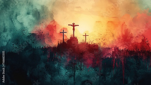 crucifixion of Jesus on the top of the mountain. watercolor painting.