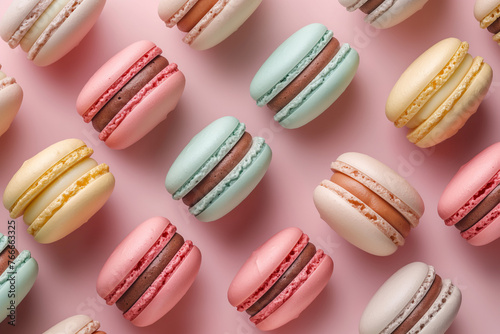 An aerial view of a collection of multicolored macaron cookies arranged neatly against a pink background.