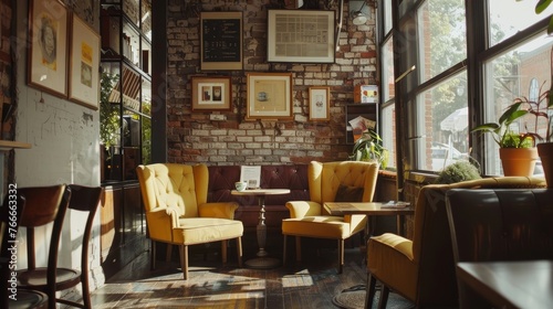 Coffee Shop Interiors Cinematic shots highlighting the interior design and decor of the coffee shop from exposed brick AI generated illustration