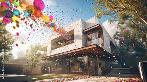 Grandeur of confetti and balloons on a modern home, side, front, and backyard view.