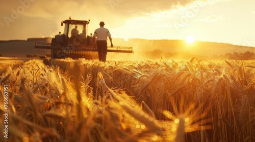 Golden Harvest Cinematic shots of farmers harvesting crops in the golden light of dawn or dusk capturing the essence o AI generated illustration