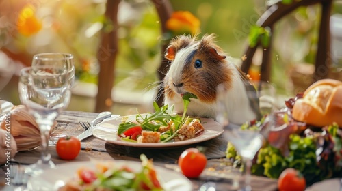 Gourmet Guinea Pigs Detailed photographs of guinea pigs dining at tiny tables with miniature plates and utensils indul AI generated illustration photo