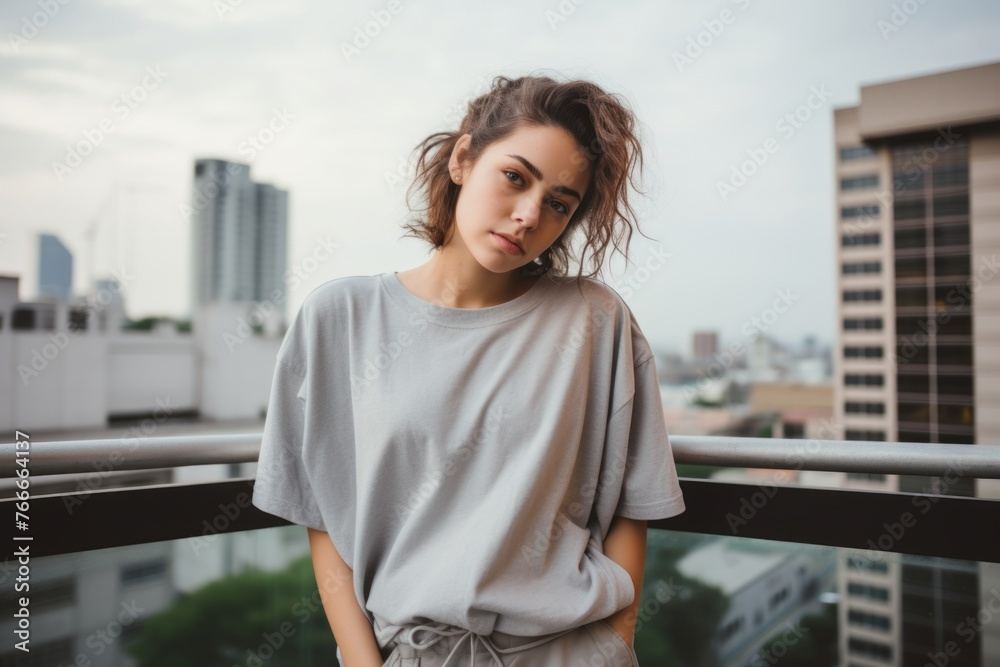 Beautiful young woman in casual clothes standing on balcony over cityscape background