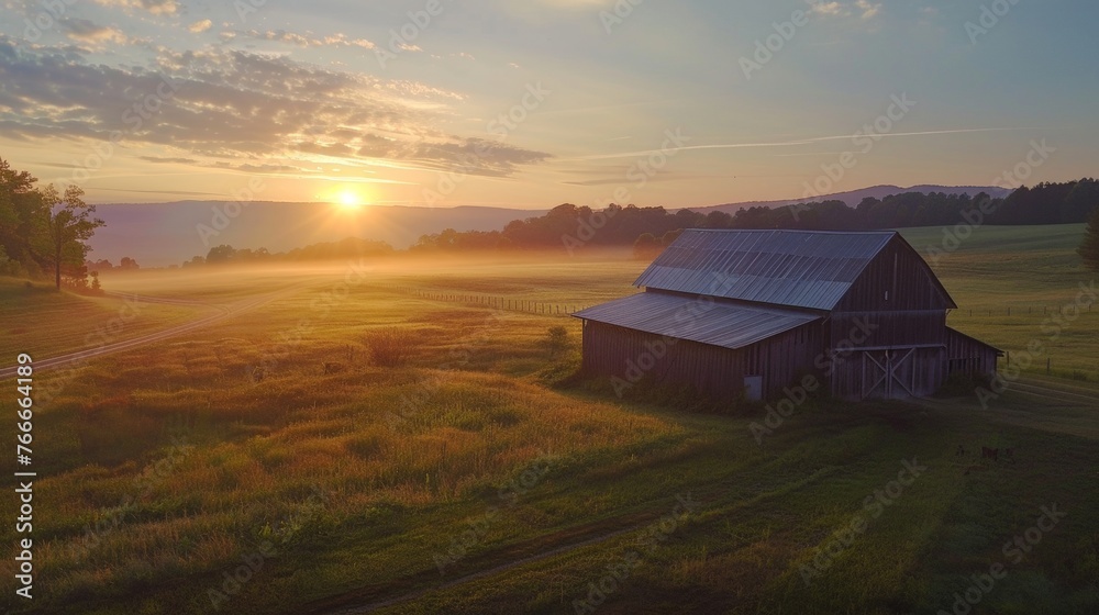 Sunrise on the Farm Cinematic shots of the farm awakening to the first light of dawn conveying the peaceful beauty andAI generated illustration Sunrise on the Farm Cinematic shots of the farm awakening to the first light of dawn conveying the peaceful beauty andAI generated illustration