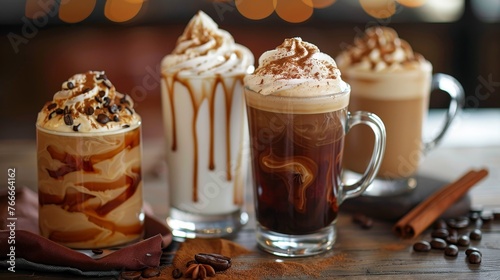 Seasonal Specialties Detailed photographs of seasonal coffee drinks and flavors such as pumpkin spice lattes in the faAI generated illustration