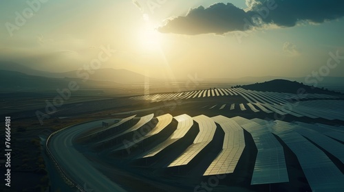Solar Dreams Cinematic shots of solar farms stretching across vast landscapes harnessing the power of the sun to provi AI generated illustration photo