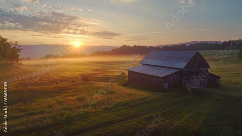 Sunrise on the Farm Cinematic shots of the farm awakening to the first light of dawn conveying the peaceful beauty andAI generated illustration