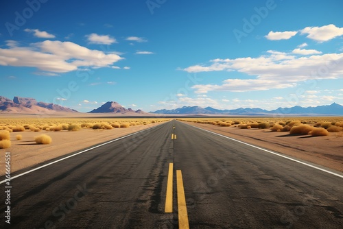 Asphalt road in the desert with mountains in the background. 3d rendering
