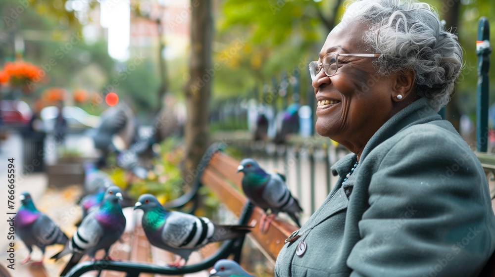Senior Woman Enjoying Park Pigeons Senior Woman Enjoying Park Pigeons