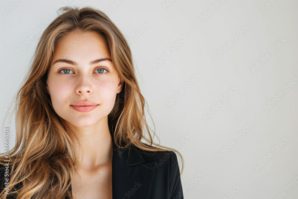 Positive business woman smiling at camera crossing hands on isolated white studio background Positive business woman smiling at camera crossing hands on isolated white studio background