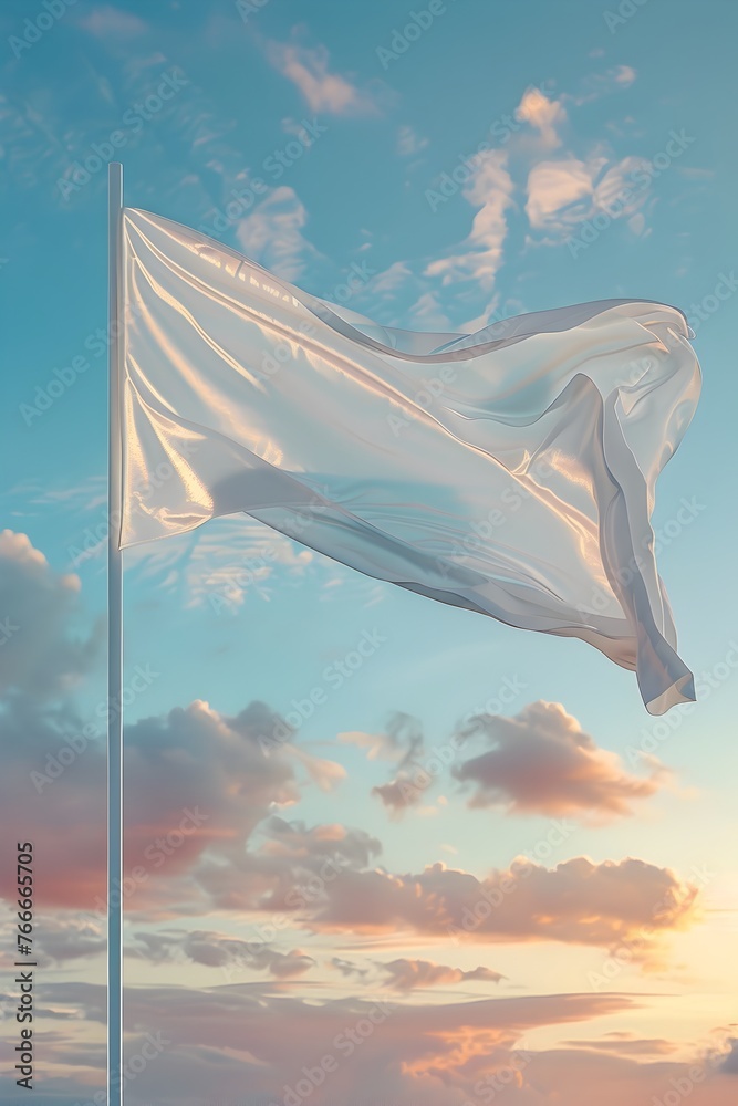 Serene White Flag Billowing Against Peaceful Sky at Sunset or Sunrise - obrazy, fototapety, plakaty 