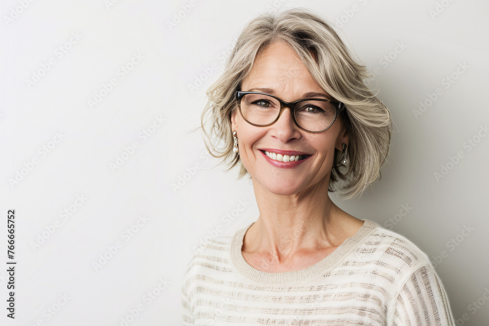 Smiling mature blonde businesswoman standing confidently, portraying success and beauty