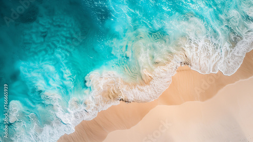 Drone photography of tropical sany beach with crystal clear sea. Copy space for a text