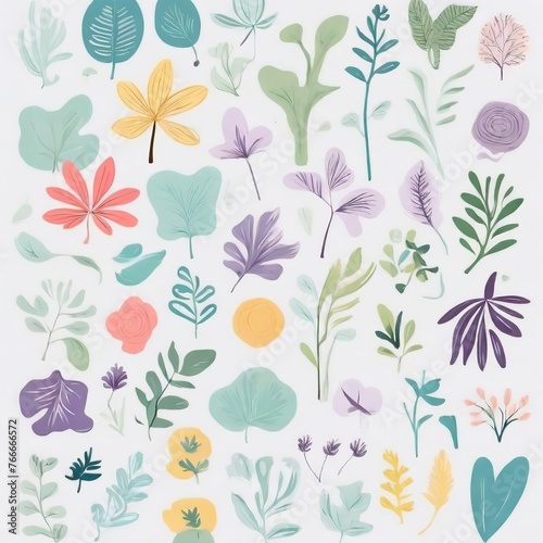 A collection of seamless pattern  colorful abstract plants and flowers. Hand drawn Collection of leaves and flowers. A close up of a pattern of flowers and leaves. 