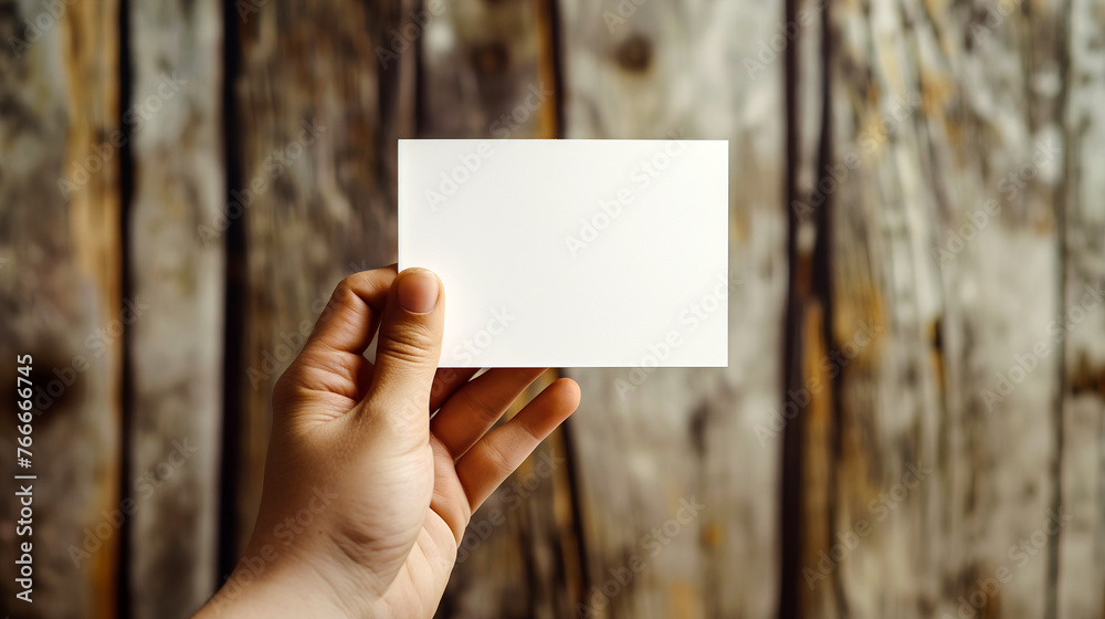 Close-up photo of a hand holding a white business card in front of a blurred wooden background Perfect for mockup designs - Generative AI