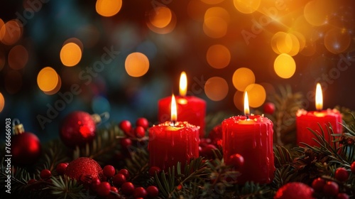 Burning advent candle on christmas decoration with blurred background