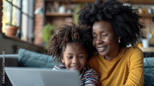 African mother and cute daughter spend time at home surfing and learning online from internet together.
