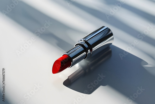 A classic red lipstick on a sleek white surface, exuding confidence and glamour