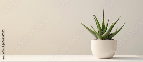 Aloe vera plant in a pot displayed on a white table, visible from the front with space for adding text or creating a mockup.